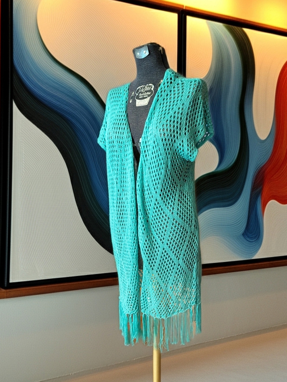 rue21 Aqua Green Crochet Knit Duster Cardigan Fringe Boho Open Front Oversized S